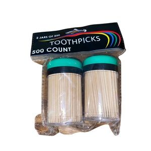 Wooden Toothpicks 500 Count 2 Pack Jars of 250 Each Sealed Plastic Canisters NWT